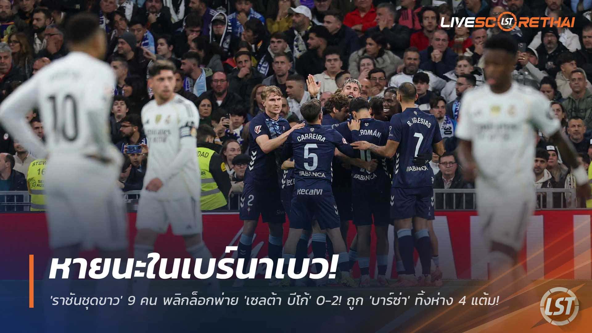 ข่าวฟุตบอล 8 ธันวาคม 2568: ช็อกเบร์นาเบว! เรอัล มาดริดเหลือ 9 คน พ่ายเซลต้า บีโก้ 0-2 โดนบาร์ซ่าทิ้ง 4 แต้ม