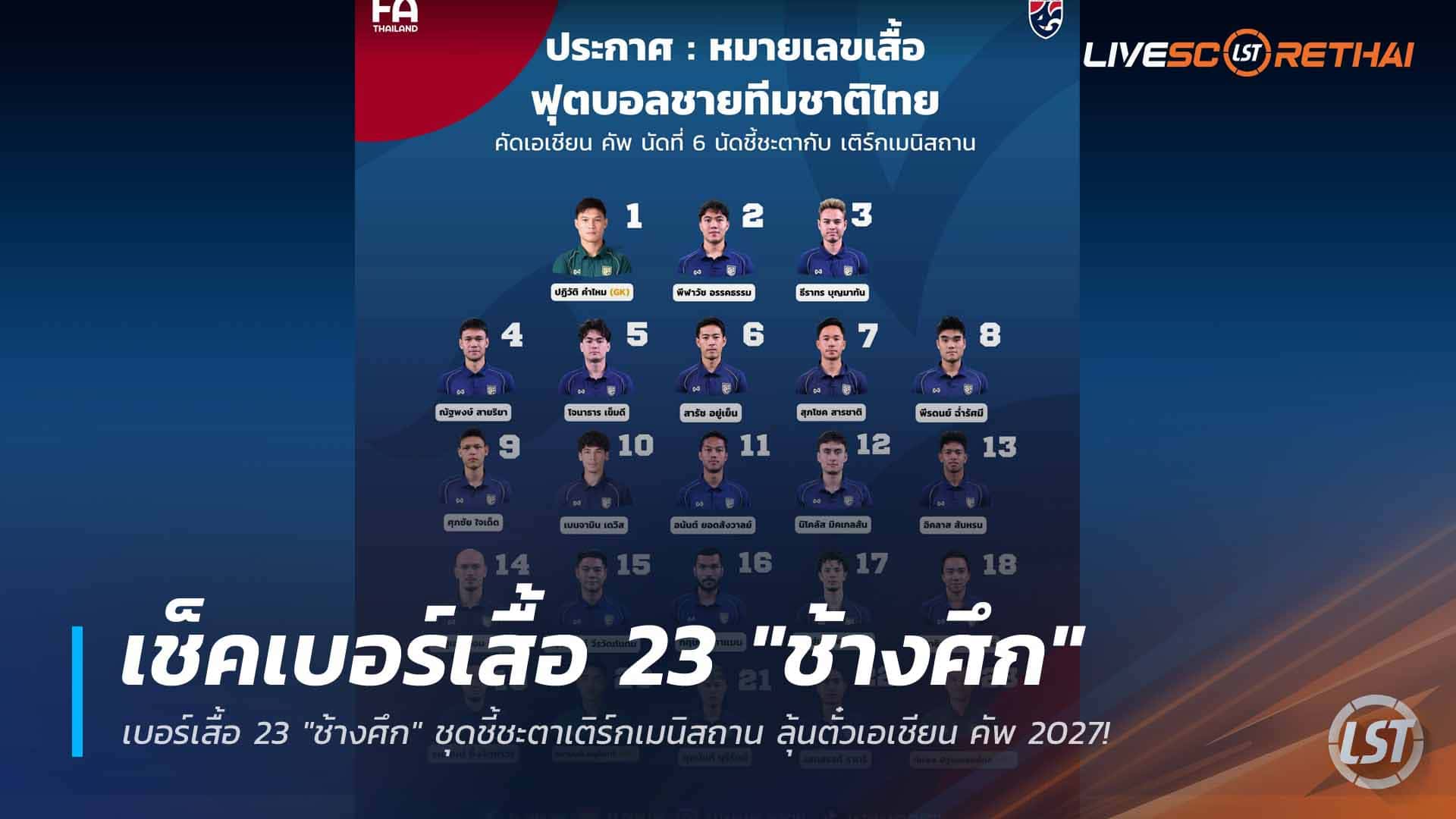 ข่าวฟุตบอลไทย อังคารที่ 31 มีนาคม 2568: เช็กเบอร์เสื้อ 23 ช้างศึก ชี้ชะตาเติร์กเมนิสถาน ลุ้นตั๋วเอเชียน คัพ 2027!